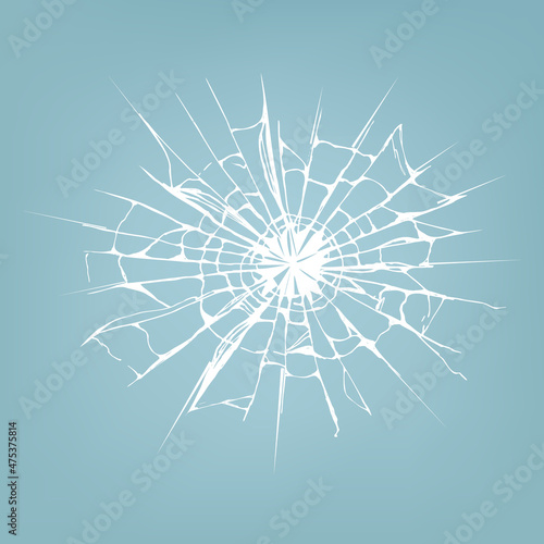 Broken glass from impact with black hole in the middle .Crack in ice or ground .Damaged windshield .Hand sketch on white background.