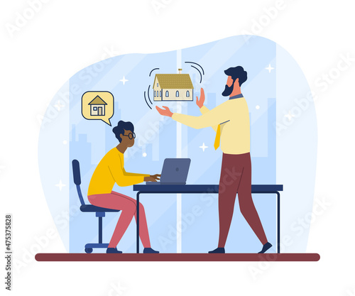 Real estate business. Men considering houses for buying and resale. Investors choosing building. Office work, laptop, workspace, company. Boss and subordinate. Cartoon flat vector illustration