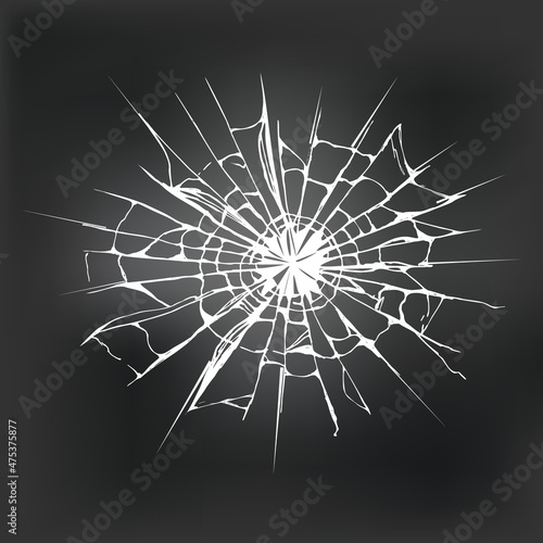 Broken glass from impact with black hole in the middle .Crack in ice or ground .Damaged windshield .Hand sketch on white background.