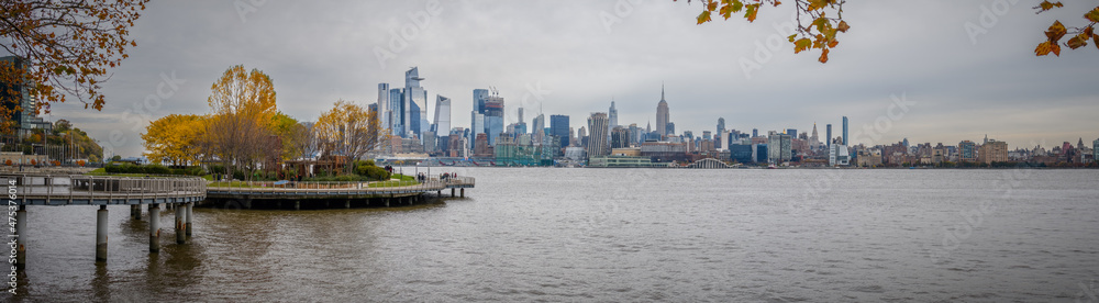 Hoboken, NJ  USA - 11 14 2021: Midtown Manhattan and Hudson River from Hoboken - Pier C Park