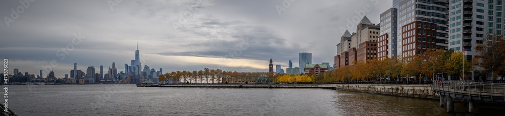 Hoboken, NJ USA - 11 14 2021: Midtown Manhattan and Hudson River from Hoboken - Pier A Park Hoboken, NJ USA - 11 14 2021: Midtown Manhattan and Hudson River from Hoboken - Pier A Park