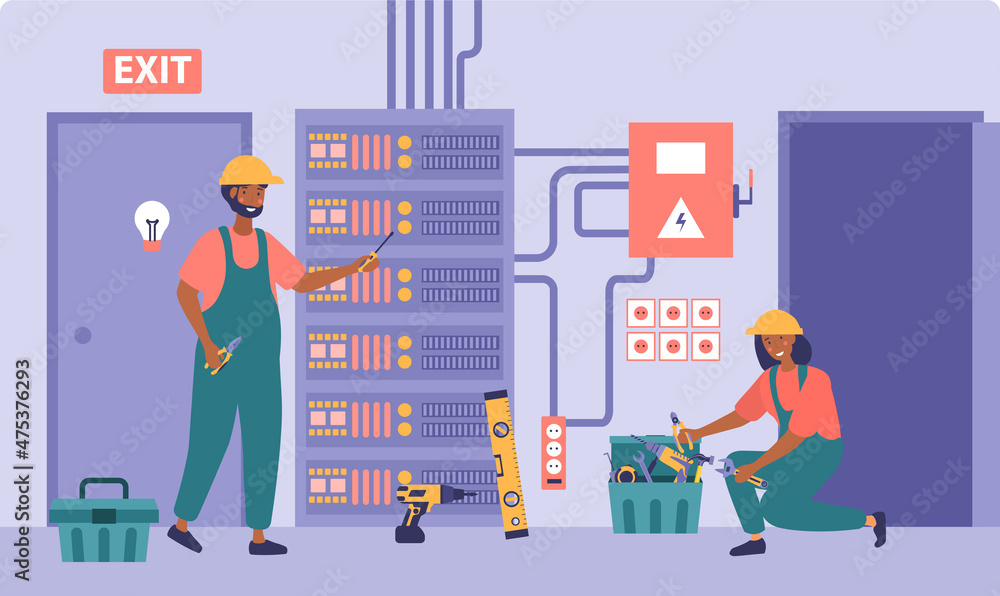 Professional electricians concept. Man and girl in special uniforms work near dashboard. Workers repair house, tools, equipment. Characters checking electricity box. Cartoon flat vector illustration