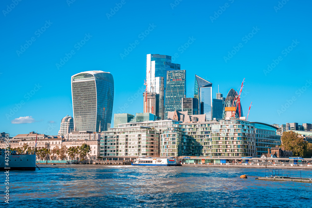 Panoramic view of the London financial district with many skyscrapers