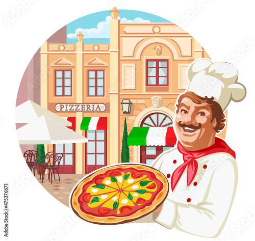 Italian pizza chef in front of a typical Italian pizza restaurant, vector illustration