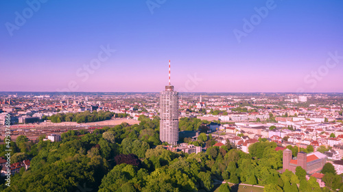 Bird's eye view of the city of Augsburg. Purple sky over the city. Bayern, Germany. 