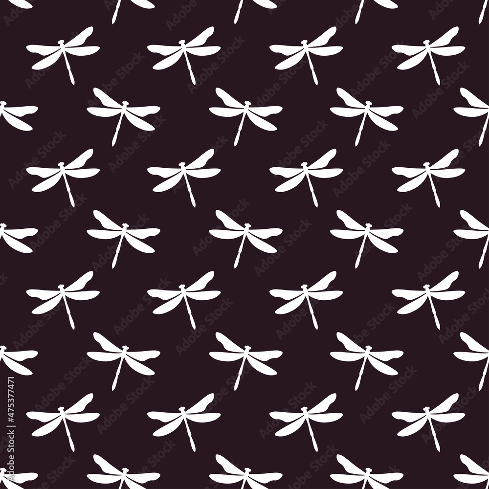 Dark purple seamless pattern with white dragonflies. Cute and childish design for fabric, textile, wallpaper, bedding, swaddles toys or gender-neutral apparel. Dark purple seamless pattern with white dragonflies. Cute and childish design for fabric, textile, wallpaper, bedding, swaddles toys or gender-neutral apparel.