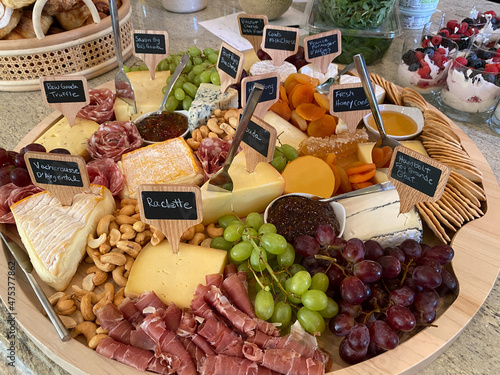 round charcuterie board with cheese, meats, nuts, grapes, crackers, and jelly for Easter Brunch photo