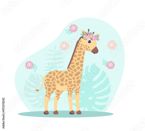 Baby Giraffe on jungle background. Stylish and cute patterns for printing on childrens clothes. Stickers with beautiful characters. Africa  safari  wildlife. Cartoon flat vector illustration