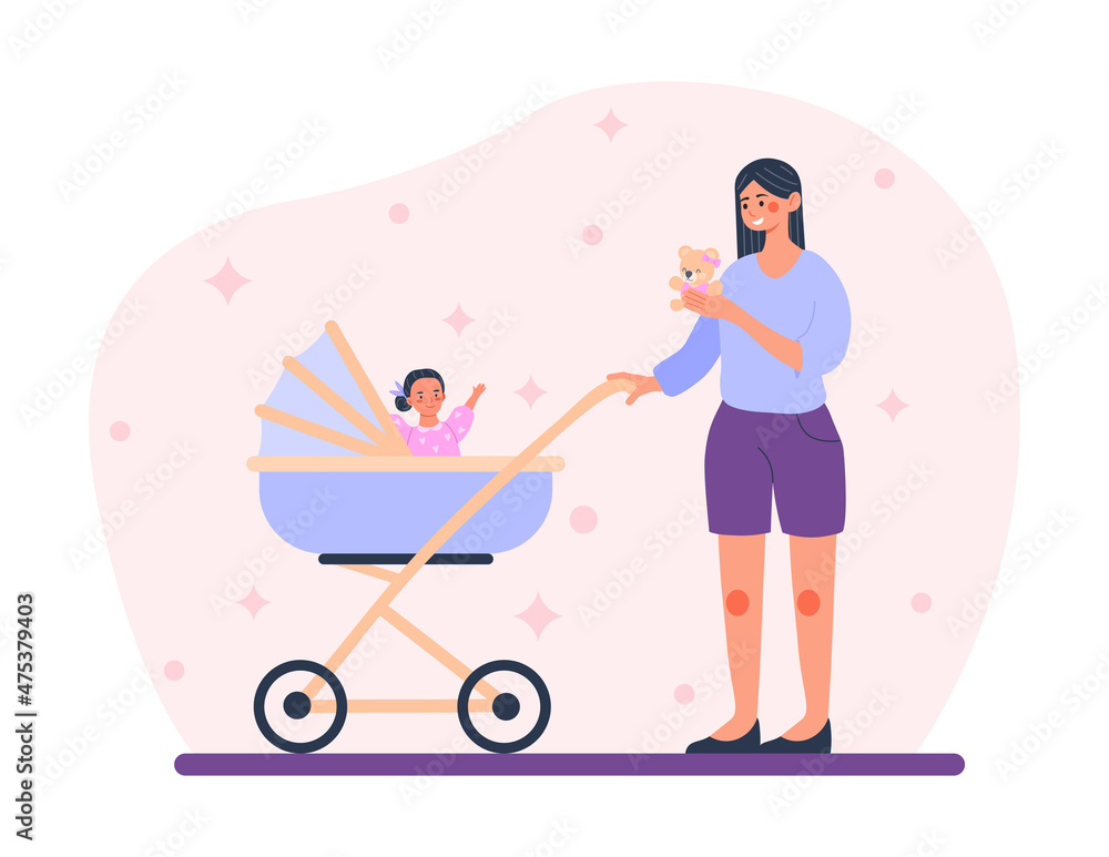 Mother with baby. Woman walks with children. Mom offers her daughter teddy bear toy. Parents spend time with their kid. Baby stroller, care and love, family. Cartoon flat vector illustration Mother with baby. Woman walks with children. Mom offers her daughter teddy bear toy. Parents spend time with their kid. Baby stroller, care and love, family. Cartoon flat vector illustration