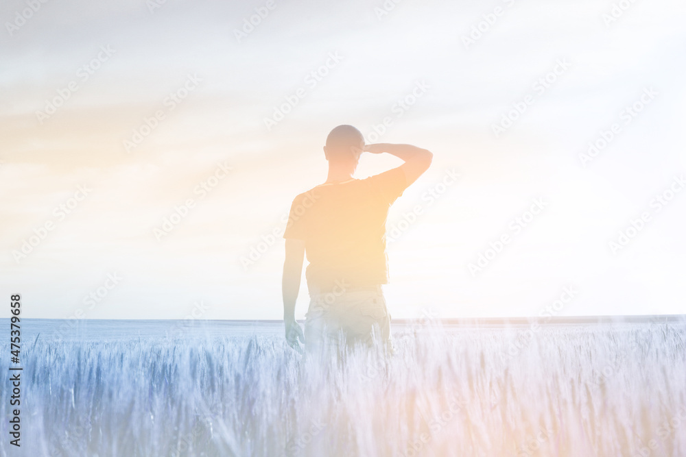 Man silhouette and field, sky soft landscape. Light delicate pastel color tone. Nature horizontal background. - obrazy, fototapety, plakaty 