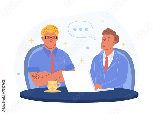 Meeting and chatting. Video cobference, boss and subordinate communicate with customers. Checking technical support. Employees looking for information, online. Cartoon flat vector illustration