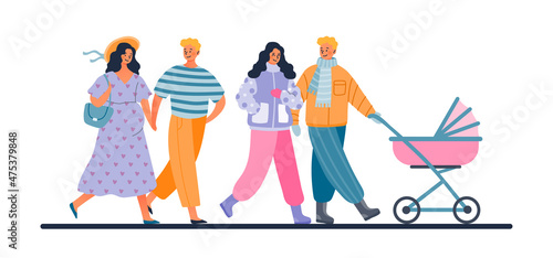 Man and pregnant woman set. Collection of young families. Parents with child. Happy couple, wife and husband walking with baby carriage. Cartoon flat vector illustrations isolated on white background