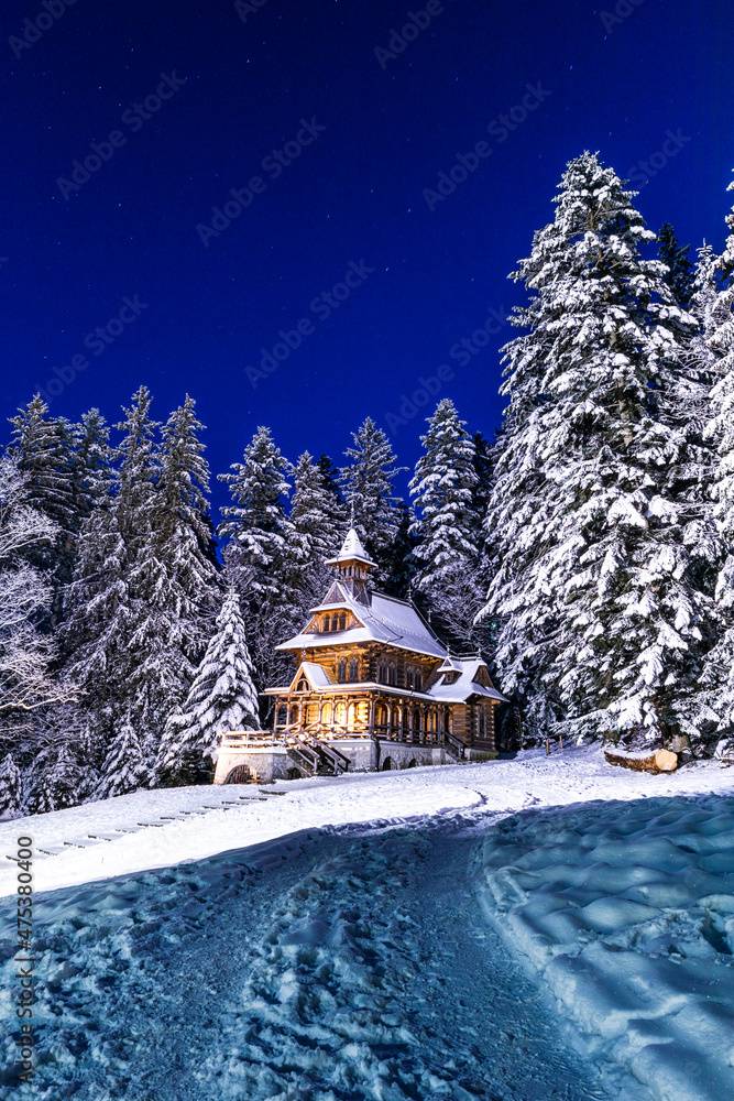 Jaszczurowka Wooden Chapel in Zakopane at Winter Snow Scenery in Poland