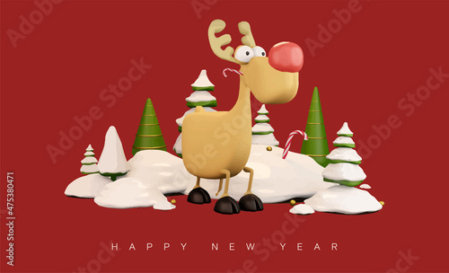 New 2022 Year is coming. Deer in snow, candy and green chrisnmas trees. Illustration