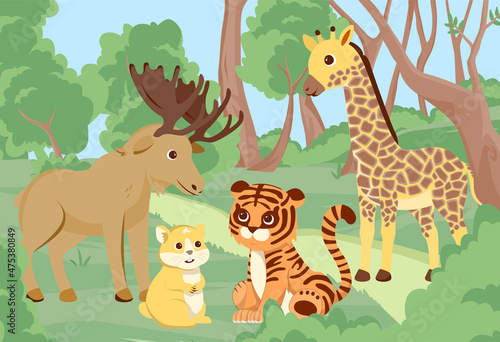 Group of animals on nature. Scene in africa or forest. Picture for printing on childrens clothing. Giraffe, tiger, chipmunk and elk. Outdoor, fresh air, fauna. Cartoon flat vector illustration