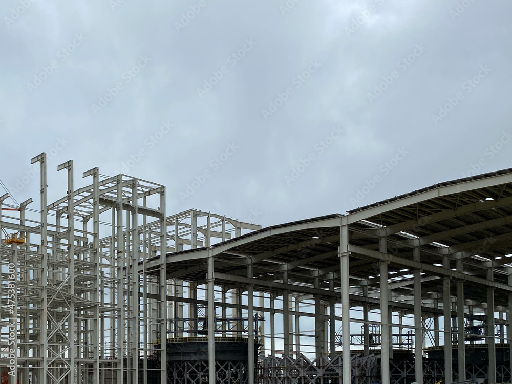 Construction site, steel frame structure is under construction