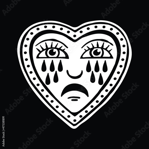 heart cry black and white illustration print on t-shirts,jacket,souvenirs or tattoo free vector