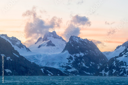 Southern Ocean, South Georgia. Sunrise over the mountains.