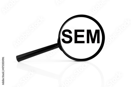 SEM. text inside the magnifier. magnifying glass on white background