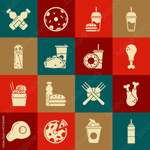 Set Sauce bottle, Chicken leg, Paper glass with drinking straw and burger, taco tortilla, Doner kebab, Crossed of water and donut icon. Vector