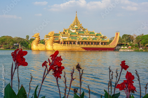 Asia, Myanmar, Yangon. Dragon boat Karaweik Palace on Kandaw Gyi Lake photo