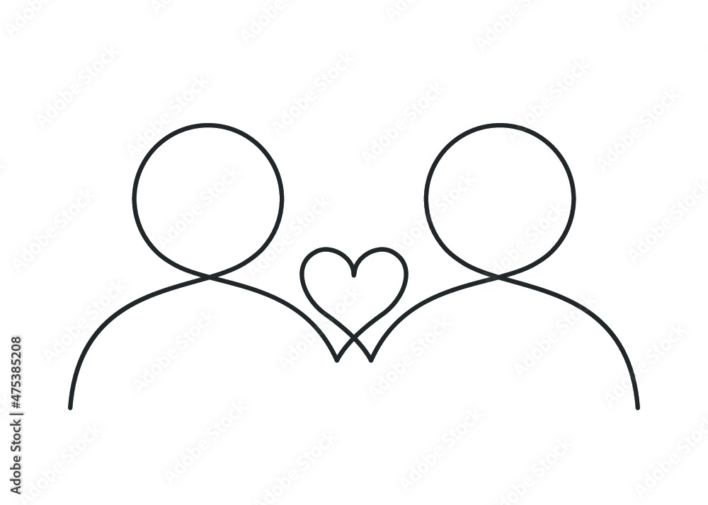 Continuous line drawing of two people with a heart between them on a white background. Vector illustration Continuous line drawing of two people with a heart between them on a white background. Vector illustration