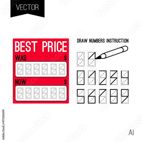 Digital price tag or numbers vector template for shop or supermarket. Store price label for retail display or sale. Shape for writing cost of product. Sale, best price, best offer and other.