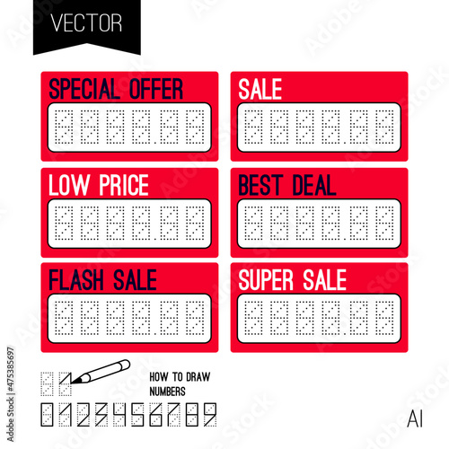 Digital price tag or numbers vector template for shop or supermarket. Store price label for retail display or sale. Shape for writing cost of product. Sale, best price, best offer and other.