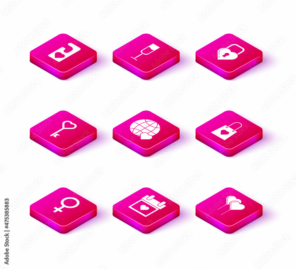 Set Female gender symbol, Calendar with heart, Key in shape, The world love, Balloons form of ribbon, Shopping bag, Castle the and Glass champagne icon. Vector Set Female gender symbol, Calendar with heart, Key in shape, The world love, Balloons form of ribbon, Shopping bag, Castle the and Glass champagne icon. Vector