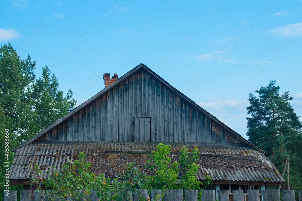 View from the end of the roof of an abandoned house overgrown with moss. The roof is overgrown with moss. Brick destroyed pipe. Daylight soft light. Summer.