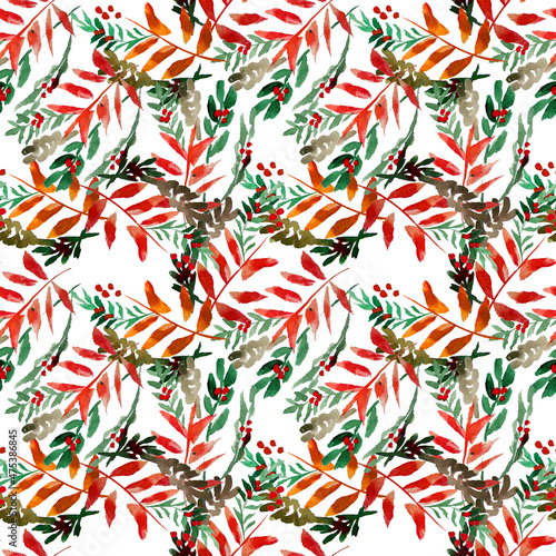 Pattern con rami, foglie e bacche rosse su sfondo bianco