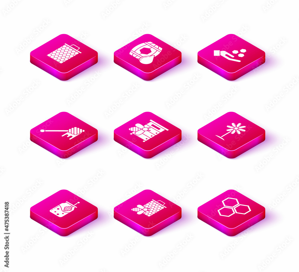 Set Jar of honey and honey dipper stick, Bee honeycomb, Honey with dripping, Hive for bees, Honeycomb, Flower, hand and Wooden barrel icon. Vector Set Jar of honey and honey dipper stick, Bee honeycomb, Honey with dripping, Hive for bees, Honeycomb, Flower, hand and Wooden barrel icon. Vector