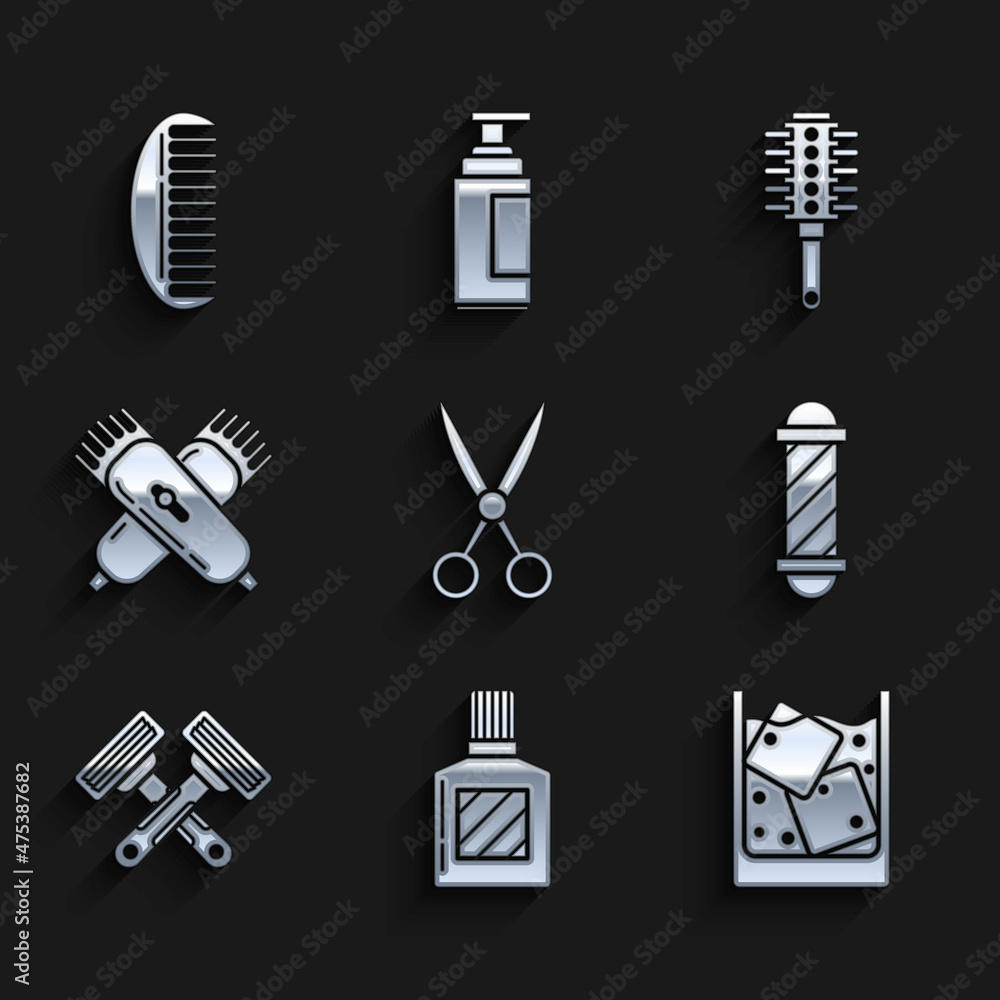 Fototapeta premium Set Scissors hairdresser, Aftershave, Glass of whiskey and ice cubes, Classic Barber shop pole, Crossed shaving razor, electrical clipper shaver, Hairbrush and icon. Vector