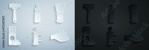Set Classic Barber shop pole, Shaving brush, gel foam, on hand, Glass bottle with pipette and razor icon. Vector