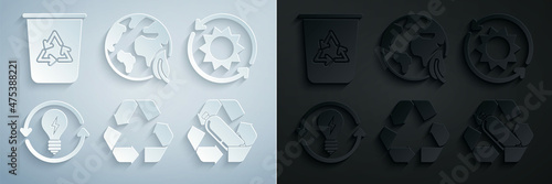 Set Recycle symbol, Solar energy panel, and light bulb with lightning, Recycling plastic bottle, Earth globe leaf and bin recycle icon. Vector