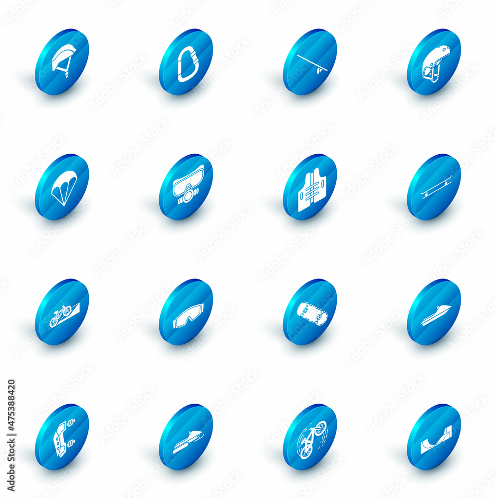 Set Carabiner, Surfboard, Helmet, Parachute, Bicycle on street ramp, Diving mask, Skateboard and Life jacket icon. Vector Set Carabiner, Surfboard, Helmet, Parachute, Bicycle on street ramp, Diving mask, Skateboard and Life jacket icon. Vector