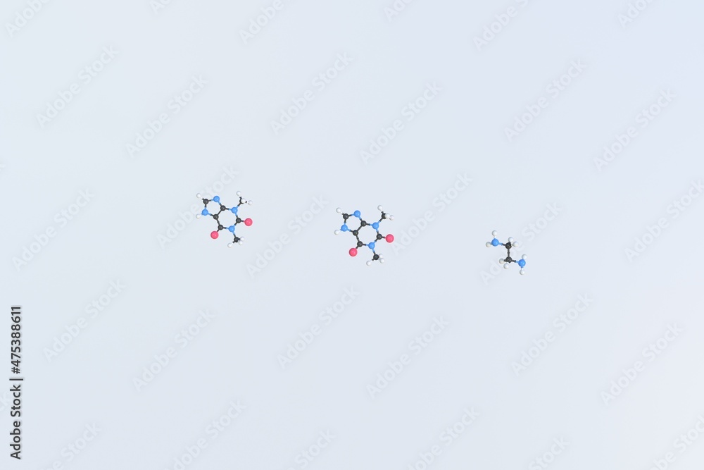 Aminophylline molecule. Isolated molecular model. 3D rendering Aminophylline molecule. Isolated molecular model. 3D rendering