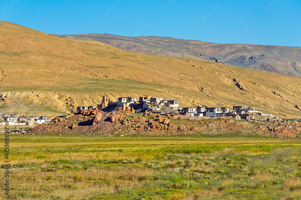 Ancient ruins and Tibetan village in the Himalayas, Shigatse Prefecture, Tibet, China
