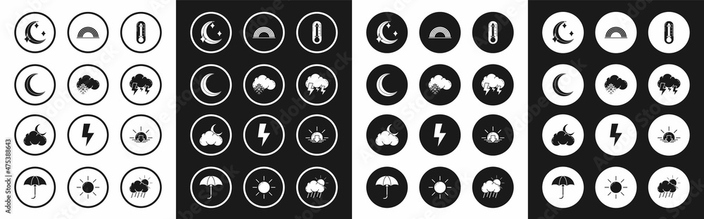 Set Thermometer, Cloud with snow, Moon and stars, Storm, Rainbow clouds, Sunset and moon icon. Vector Set Thermometer, Cloud with snow, Moon and stars, Storm, Rainbow clouds, Sunset and moon icon. Vector