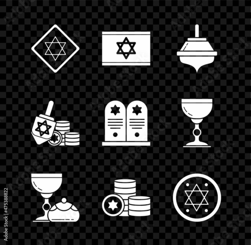 Set Star of David, Flag Israel, Hanukkah dreidel, Jewish goblet and hanukkah sufganiyot, coin, and Tombstone with star david icon. Vector photo