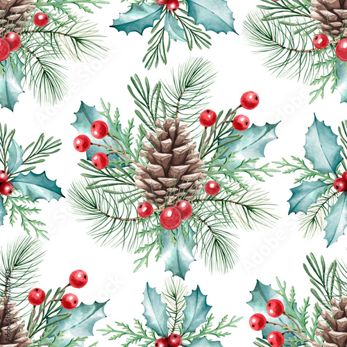 Watercolor Christmas background. Holly snd berries christmas wallpaper. Winter greenery leaves seamless pattern. Surface design.
