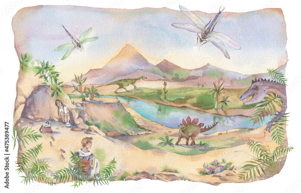 Story of two children who come to another world, world of dinosaur. Watercolor illustration. Story of two children who come to another world, world of dinosaur. Watercolor illustration.