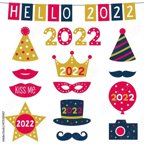 Hello 2022, vector New Year party props