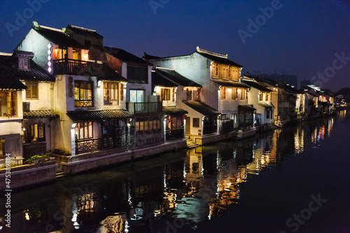 Night view of traditional houses along the Grand Canal, Wuxi, Jiangsu Province, China