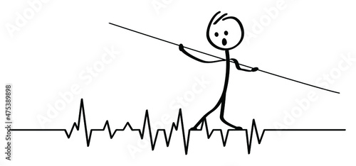 Stickman walk on heartbeat line. Stick figure man walking on a thin wire or highliner. Tightrope walker balancing for good or bad life. Pulse trace. EKG and Cardio symbol. Healthy and Medical concept.