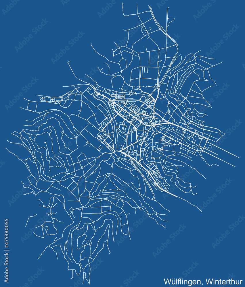 Detailed technical drawing navigation urban street roads map on blue background of the quarter Kreis 6 Wülflingen District of the Swiss regional capital city of Winterthur, Switzerland