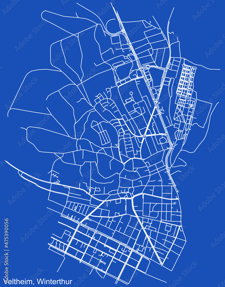 Detailed technical drawing navigation urban street roads map on blue background of the quarter Kreis 6 Wülflingen District of the Swiss regional capital city of Winterthur, Switzerland