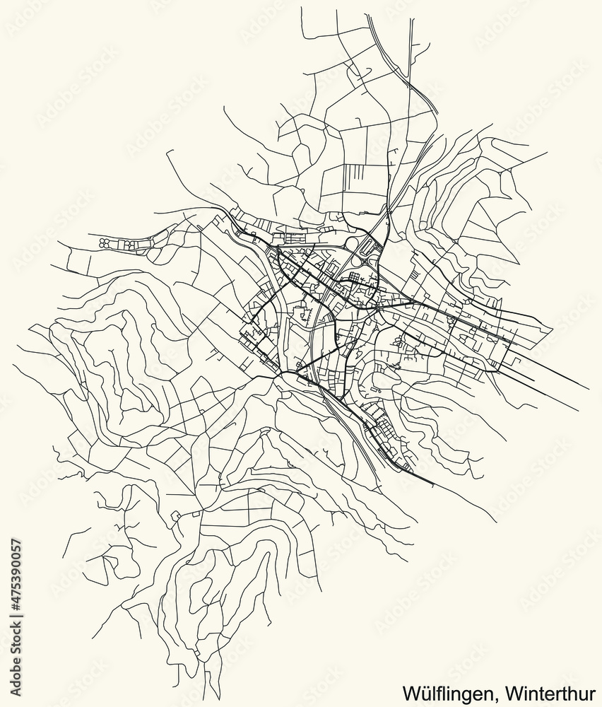 Detailed navigation urban street roads map on vintage beige background of the quarter Kreis 6 Wülflingen District of the Swiss regional capital city of Winterthur, Switzerland
