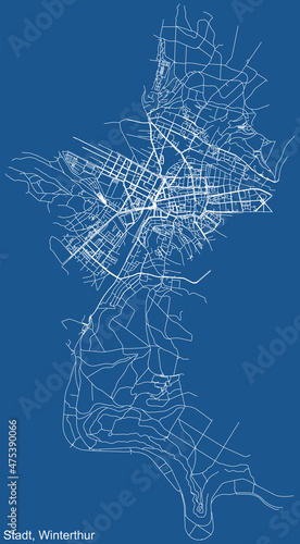 Detailed technical drawing navigation urban street roads map on blue background of the quarter Kreis 1 Stadt District of the Swiss regional capital city of Winterthur, Switzerland