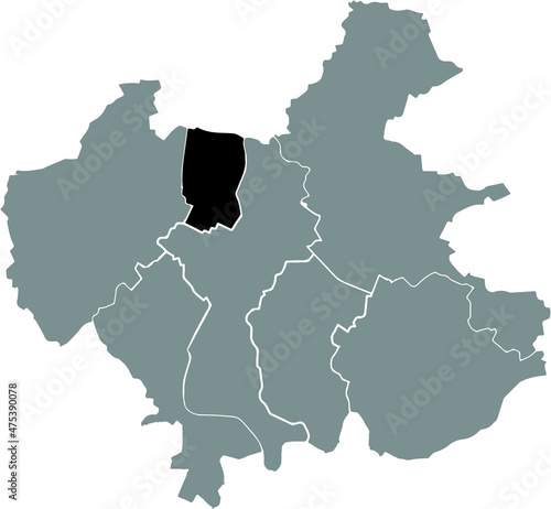 Black location map of the Kreis 5 Veltheim District inside gray urban districts map of the Swiss regional capital city of Winterthur, Switzerland